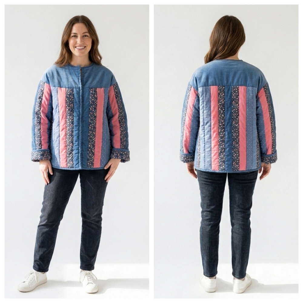 VTG Handmade Reversible Quilted Jacket Patchwork Corduroy Floral Blue Pink XXL - Picture 17 of 17